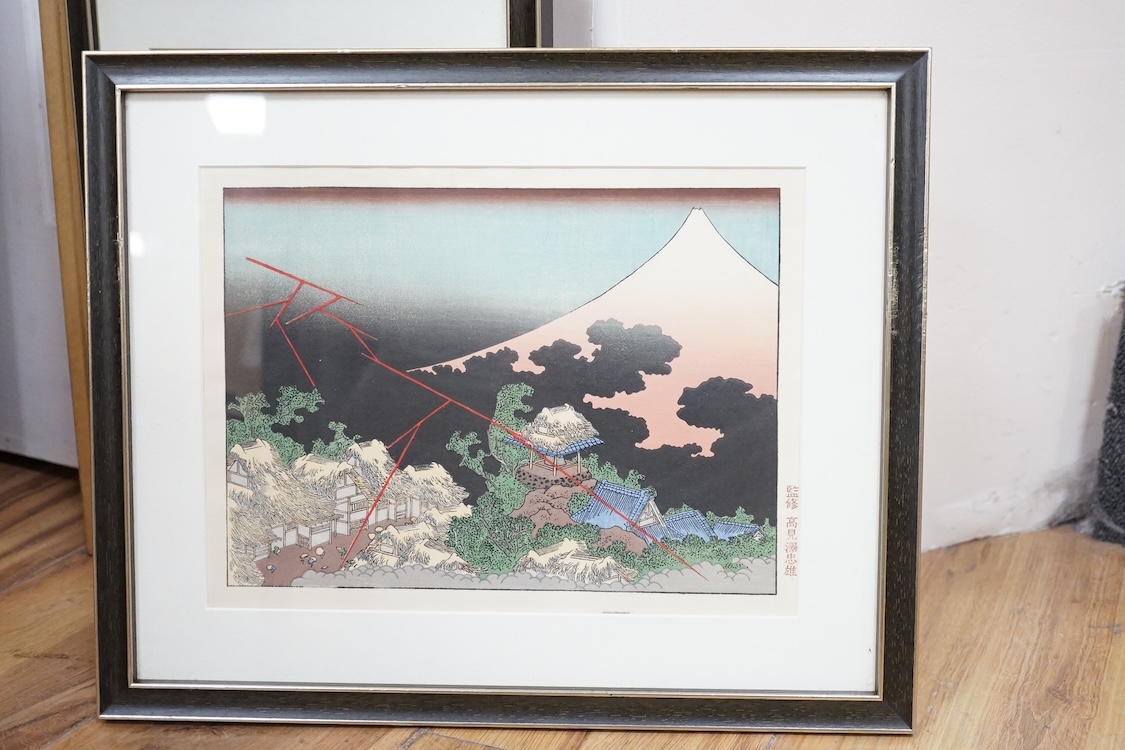 A set of ten Japanese woodblock prints to include ‘Great wave off the coast of Kanagawa’, ‘Fishermen at Kajikazawa’ and ‘Evening shower’, largest 25 x 36cm. Condition - fair